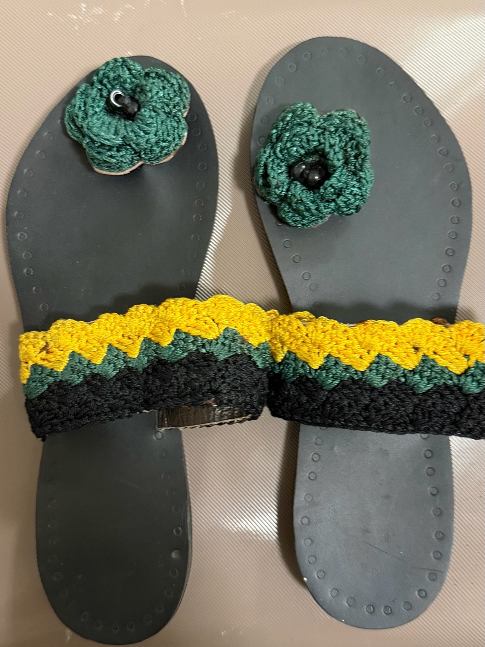 Handmade Black Sandals with Yellow and Green Crochet Accents
